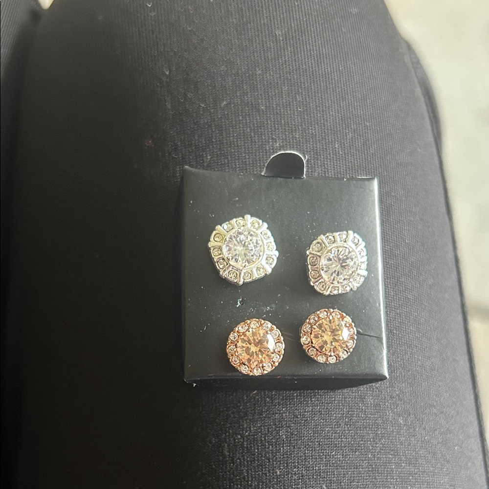 Elegant Two-Pair Crystal Stud Earring Set - Silver & Rose Gold